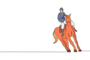 eine einzige Strichzeichnung eines jungen Reiters, der eine Dressurlaufprüfung durchführt, grafische Vektorillustration. Reitsport-Show-Wettbewerbskonzept. modernes Design mit durchgehender Linie vektor