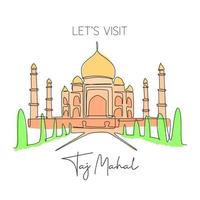 en enda rad ritning taj mahal moské landmärke. världsikonisk plats i Agra, Indien. turism resor vykort väggdekor hem konst affisch koncept. modern kontinuerlig linje rita design vektorillustration vektor