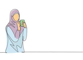 en enda linje ritning av unga kvinnliga muslimah affärskvinna tänkande affärsidéer medan kontoret raster. islamiska kläder hijab och slöja koncept. kontinuerlig linje rita design illustration vektor