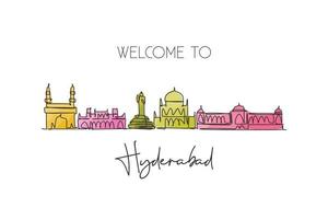 eine durchgehende Linienzeichnung der Skyline von Hyderabad, Indien. schönes Wahrzeichen der Stadt als Wanddekor-Poster. Weltlandschaftstourismus Reiseurlaub. stilvolle einzeilige zeichnen-design-vektorillustration vektor