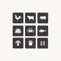 Huhn, Kuh, Schwein, Pudding, Krabbe, Fisch, Milch, Pilz, Weizen, einstellen Essen Symbol Symbol vektor