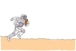 en kontinuerlig linjeteckning av astronaut som utövar amerikansk fotboll i rymdgalaxen. spaceman hälsosam fitness sport koncept. dynamisk enkel linje rita design vektor illustration grafik