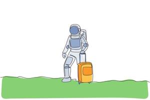 einzelne durchgehende Linienzeichnung eines jungen Astronauten, der eine Gepäcktasche trägt, möchte in der Mondoberfläche reisen. Weltraummann-kosmisches Galaxiekonzept. trendige Grafik mit einer Linie zeichnen Design-Vektor-Illustration vektor