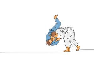 Eine einzige Strichzeichnung von zwei jungen, energischen Judokas-Kämpfern kämpft in der Vektorgrafik des Fitnessstudios. Kampfkunst-Sportwettbewerbskonzept. modernes Design mit durchgehender Linie vektor