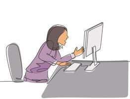 en kontinuerlig ritning av ung frustrerad affärskvinna som skrek på datorskärmen medan hon satt på arbetsstolen. affärsproblem koncept enkel linje rita design vektor illustration