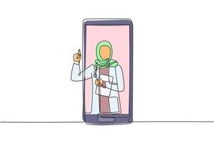 kontinuerlig en rad ritning hijab kvinnlig läkare kommer ut från smartphone skärm håller urklipp. medicinska tjänster online, medicinsk konsultation. enda rad rita design vektorgrafisk illustration vektor