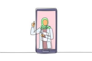 Kontinuierliche eine Strichzeichnung Hijab Ärztin kommt aus dem Smartphone-Bildschirm, der die Zwischenablage hält. Medizinische Online-Dienste, medizinische Beratung. Einzeilige Zeichnung Design Vektorgrafik Illustration vektor
