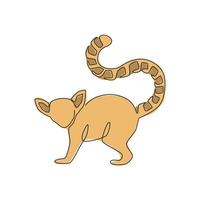 en genomgående linjeteckning av söt lemur med lång ring svansad för logotypidentitet. pungdjur maskot koncept för national zoo ikon. dynamisk enda rad rita design vektorgrafisk illustration vektor