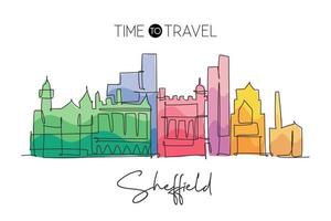 eine fortlaufende Linienzeichnung der Skyline von Sheffield. schöner Wolkenkratzer der Stadt. Weltlandschaft Tourismus Reise Urlaub Wanddekor Poster Konzept. trendige einzeilige zeichnen design-vektorillustration vektor