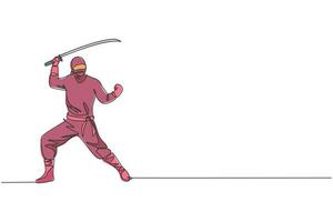 eine durchgehende strichzeichnung eines jungen tapferen japanischen ninja-charakters auf schwarzem kostüm mit angriffsposition. Kampfkunst-Kampfkonzept. dynamische einzeilige Grafikdesign-Vektorillustration vektor