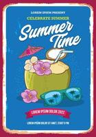 sommar fest retro årgång affisch med ung kokos dryck och solglasögon vektor