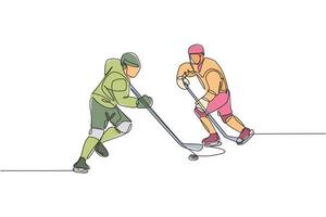 en enda linjeteckning av två unga ishockeyspelare i aktion för att spela konkurrenskraftigt spel på ishallstadion vektorgrafisk illustration. sport turnering koncept. modern kontinuerlig linjeritningsdesign vektor