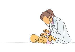 Eine einzige Strichzeichnung einer jungen Kinderärztin, die den Gesundheitszustand des Babys untersucht und den Herzschlag überprüft. medizinisches Gesundheitswesen Service-Konzept kontinuierliche Linie zeichnen Design-Vektor-Illustration vektor