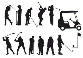 groß Sammlung von Silhouetten von Menschen spielen Golf isoliert auf Weiß Hintergrund. Sport Vektor Illustration