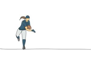 en enda linjeteckning av ung energisk man baseballspelare övar att kasta bollen vektorillustration. sport träning koncept. modern kontinuerlig linje ritning design för baseball turnering banner vektor