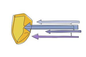 durchgehende einzeilige Zeichnung eines von Pfeilen angegriffenen Metallschildes. starker Verteidigungsschutz minimalistisches Konzept. trendige Single-Line-Draw-Design-Vektorgrafik-Illustration vektor