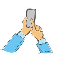 en kontinuerlig linjeteckning av gesthänder som håller och trycker på skärmen på smarttelefonen för att avsluta transaktionen på nätbutiken. gadget enhet koncept enda rad rita design grafisk vektor illustration