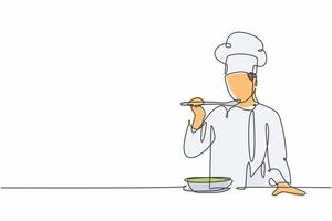 en kontinuerlig radritning av ung manlig kockprovning och leende soppcurry med träsked. hälsosam mat beredning på kommersiella kök koncept enda rad rita design vektor illustration