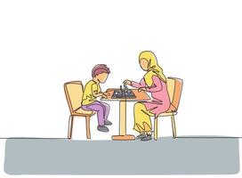 Eine einzige Strichzeichnung einer jungen arabischen Mutter bringt ihrem Sohn bei, zu Hause ernsthaft Schach zu spielen. glückliches islamisches muslimisches familienerziehungskonzept. modernes Design mit durchgehender Linienführung vektor