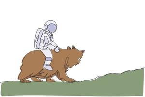 enda kontinuerlig linje ritning av kosmonaut med rymddräkt ridning björn, vilda djur i månytan. fantasy astronaut safari resa koncept. trendig enradig design grafisk vektorillustration vektor