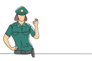 enda kontinuerlig linje teckning poliskvinna med gest Okej och full enhetlig redo till förstärka trafik disciplin på motorväg. står fast vid patrullera. dynamisk ett linje dra grafisk design vektor illustration