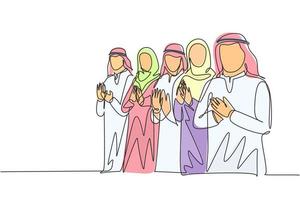 Eine durchgehende Strichzeichnung junger männlicher und weiblicher muslimischer Geschäftsgemeinschaften, die nach der Präsentation in die Hände klatschen. islamische Kleidung Kandura, Hijab, Keffiyeh. Einzeilige Zeichnungsdesign-Vektorillustration vektor