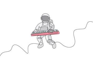 enda kontinuerlig linje ritning av astronaut keyboardist spela keyboard musikinstrument i kosmisk galax. djup rymdmusik konsert koncept. trendiga en linje rita grafisk design vektor illustration
