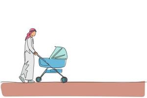 en kontinuerlig linjeteckning av ung arabisk pappa som går och skjuter barnvagn på köpcentret. islamiska muslimska lyckliga familj föräldraskap koncept. dynamisk enkel linje rita design vektor illustration