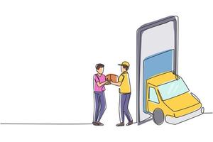 Ein einzelner Lieferwagen mit einer Strichzeichnung kommt teilweise aus einem riesigen Smartphone-Bildschirm. männlicher Kurier gibt männlichen Kunden eine Paketbox. moderne durchgehende Linie zeichnen Design-Grafik-Vektor-Illustration vektor