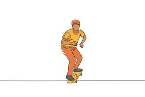 einzelne durchgehende Linienzeichnung eines jungen coolen Skateboardfahrers, der Schlittschuh reitet und Tricks im Skatepark durchführt. Üben des Outdoor-Sportkonzepts. trendige einzeilige zeichnen design-vektor-illustrationsgrafik vektor