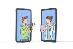 eine einzige Linie, die zwei Smartphones von Angesicht zu Angesicht zeichnet und einen arabischen männlichen Patienten und einen arabischen männlichen Arzt mit ihren Körpern enthält, als ob sie aus dem Smartphone kommen würden. moderne durchgehende Linienzeichnungsgrafik vektor