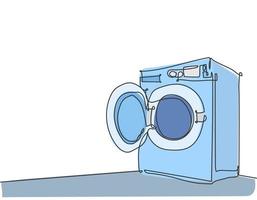 eine durchgehende Strichzeichnung eines elektrischen Haushaltsgeräts der Waschmaschine mit offener Haustür. Strom-Haushalts-Gadget-Vorlage-Konzept. trendige Single-Line-Draw-Design-Vektorgrafik-Illustration vektor