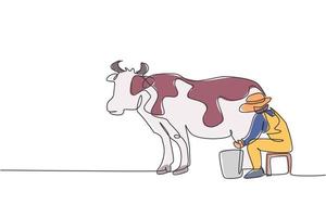 kontinuerlig en linje ritning ung kvinnlig bonde som mjölkar en ko på traditionellt sätt. ett lyckat skördaktivitetsminimalismskoncept. enkel linje rita design vektor grafisk illustration