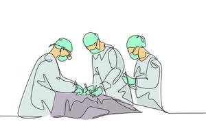 enda kontinuerlig enkel linje ritning grupp av team kirurg läkare gör kirurgi operation till patienten med kritiskt tillstånd. operationskirurgi koncept en linje rita design vektor illustration