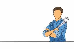 Kontinuierliche Zeichnung eines jungen männlichen Klempners, der seinen Arm auf der Brust kreuzt, während er eine Rohrzange hält. professioneller Job Beruf minimalistisches Konzept. Einzeilige Zeichnung Design Vektorgrafik Illustration vektor