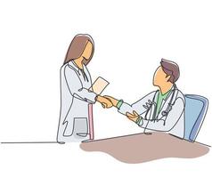 kontinuerlig linje ritning av unga kvinnliga läkare handslag med manlig läkare på sjukhuset. bra hälsovård teamwork koncept. en linje ritning vektor illustration