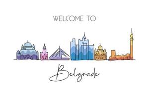 einzelne durchgehende Linienzeichnung der Skyline von Belgrad, Serbien. berühmte Stadtkratzerlandschaft. Weltreisekonzept Wohnkultur Wandkunst Posterdruck. moderne einzeilige abgehobene betragsdesign-vektorillustration vektor