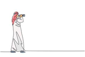 Kontinuierliche einzeilige Zeichnung eines jungen arabischen Geschäftsmannes, der mit einem Fernglas ein Zielobjekt sucht. Business Development Vision minimalistisches Konzept. trendige Single-Line-Draw-Design-Vektorgrafik-Illustration vektor