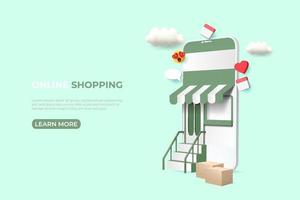 Online-Shopping-Anzeigen Banner. 3D-Illustrationsvektor mit Smartphone. Social Media Post Vorlage. vektor