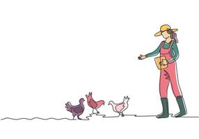 Eine einzige Strichzeichnung einer jungen Bäuerin füttert die Hühner mit Hühnerfutter. Landwirtschaft Herausforderung Aktivitäten Minimalkonzept. moderne durchgehende Linie zeichnen Design-Grafik-Vektor-Illustration. vektor