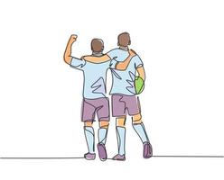 kontinuerlig linje ritning av två fotbollsspelare ta med en boll och gå tillsammans för att visa sportivitet. respekt i fotbollssportkonceptet. en linje ritning vektor illustration