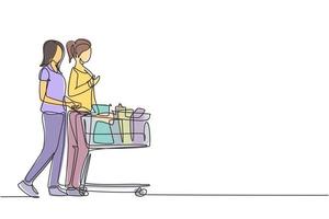Eine durchgehende Linie, die zwei junge Schönheitsfrauen zeichnet, die im Supermarkt einkaufen und Trolley zusammenschieben, um tägliche Bio-Produkte zu kaufen. Shopping-Konzept. einzeilige designillustration vektor