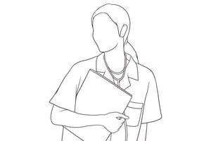 ung kvinna läkare innehav en medicinsk Rapportera i en hand dragen vektor illustration