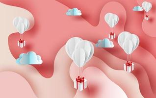 3d papper konst av luft vit ballonger gåva flytande på abstrakt kurva form rosa himmel bakgrund, valentin säsong concept.banner,kort och affisch för festival Semester pastell färg, vector.illustration vektor