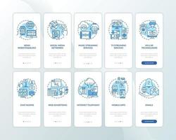Beispiele für neue Medien Onboarding des Seitenbildschirms für mobile Apps mit festgelegten Konzepten vektor