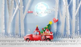 3d Illustration von Papier Kunst rot klassisch abholen LKW Auto durch geschenk, weihnachten Baum und Ballon Winter Jahreszeit wald.glücklich Neu Jahr und fröhlich Weihnachten Tag, Schneefall Landschaft Wald im voll Mond, Vektor