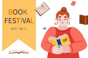 Buch Festival Banner. jung Frau lesen ein Buch. Poster Über Literatur im Vektor, Wohnung, Karikatur Stil vektor