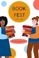 Banner mit Multikultur Menschen halten ein Stapel von Bücher. afrikanisch amerikanisch Frau und kaukasisch Mann auf Buch Festival Poster. Vektor Illustration im Karikatur Stil