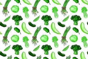 grön mat sömlös mönster. vegetarian vegan tapet. hälsa illustration sanning lök, kål, broccoli, squash, selleri vektor