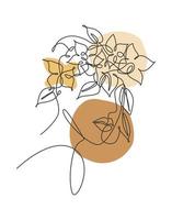 enda kontinuerlig linje ritning vacker kvinna ansikte med blommor. natur skönhet botaniskt tryck koncept för väggdekor print. porträtt minimalistisk. trendig enradig design vektor grafisk illustration